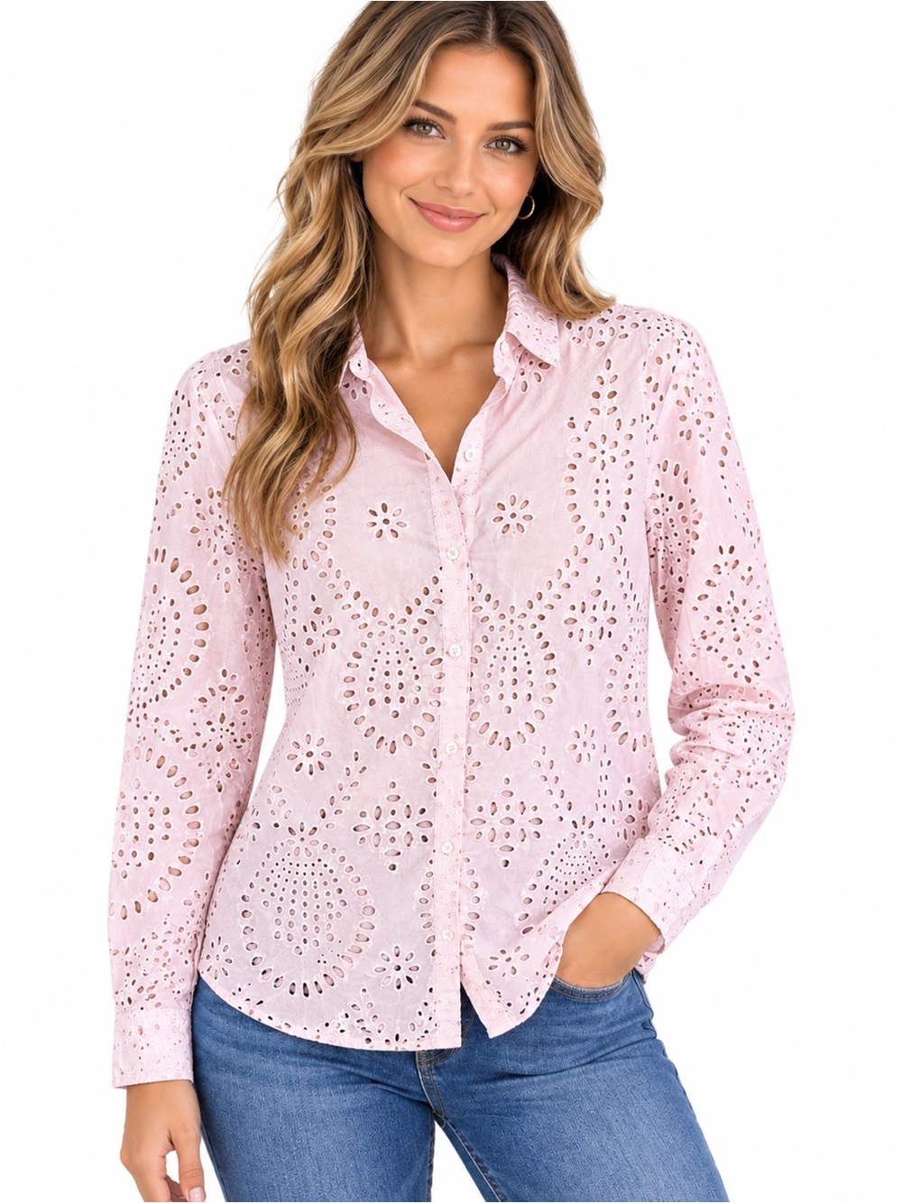 Ultra Pink Pastel Pink Eyelet Button-Up Top